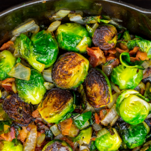 caramelized Brussels sprouts and onions topped with crispy bacon
