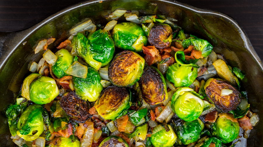 caramelized Brussels sprouts and onions topped with crispy bacon