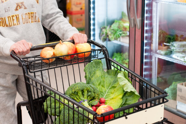 Person with a cart full of fresh fruits and veggies.