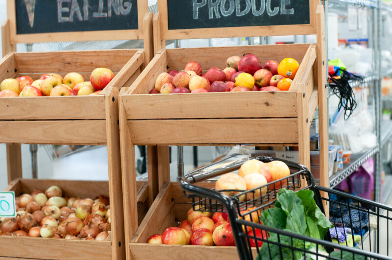 Fruit stand at food shelf.